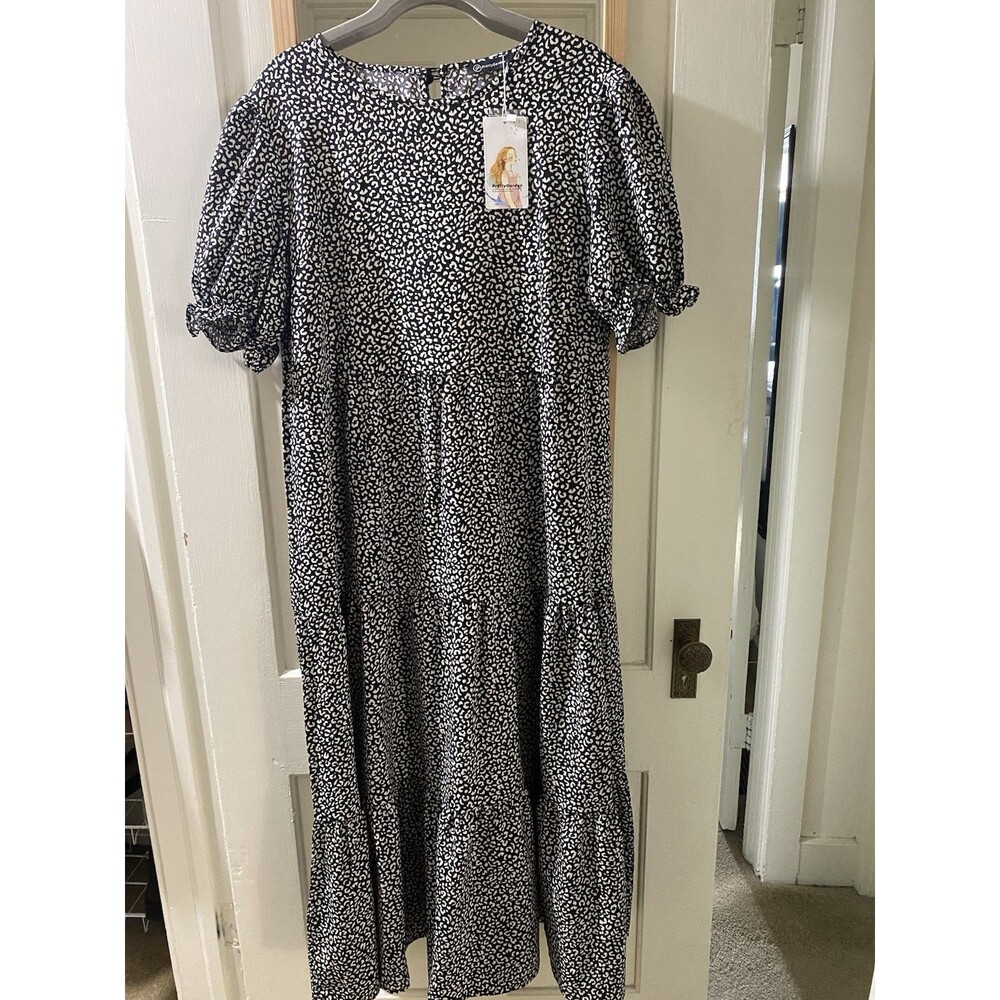 PRETTYGARDEN Leopard Print Tiered Maxi Dress Puff Sleeve Boho NWT Size L